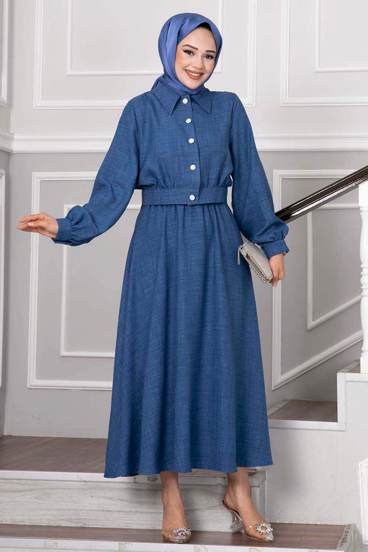 Ensemble hijab avec jupe et boutons en pierre indigo