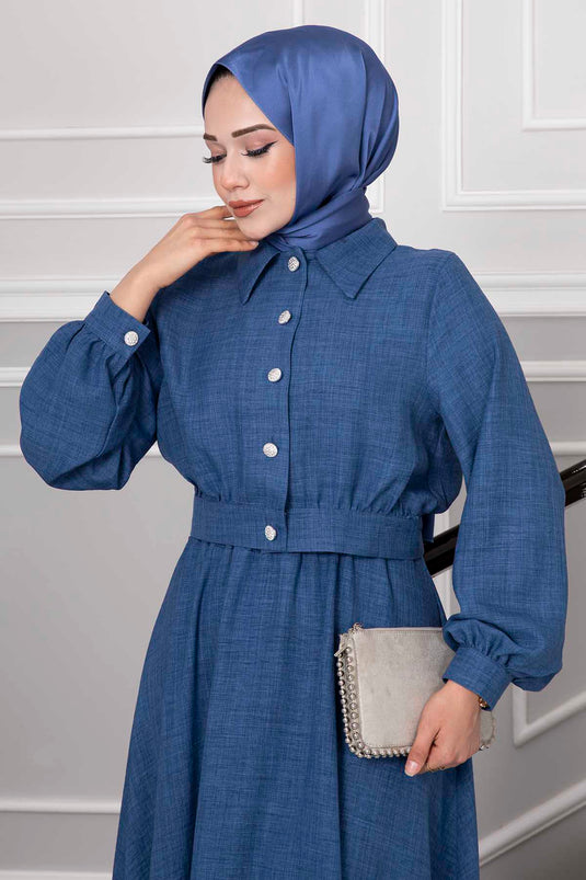 Ensemble hijab avec jupe et boutons en pierre indigo