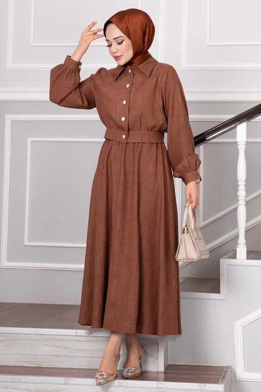 Stone Button Detailed Skirted Hijab Suit Brown