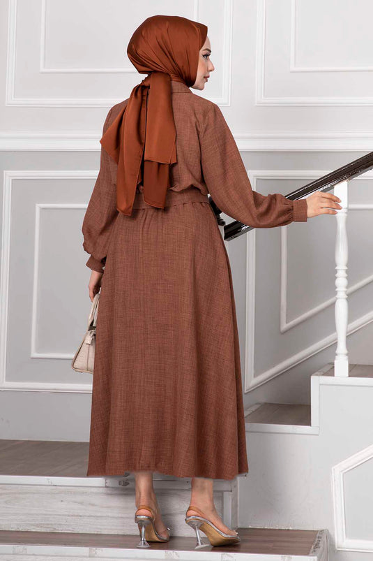 Ensemble Hijab avec jupe et boutons en pierre marron