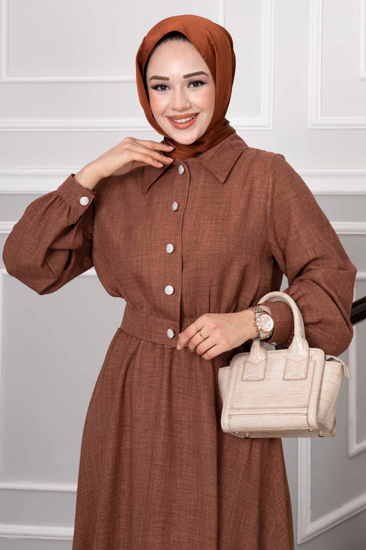 Stone Button Detailed Skirted Hijab Suit Brown