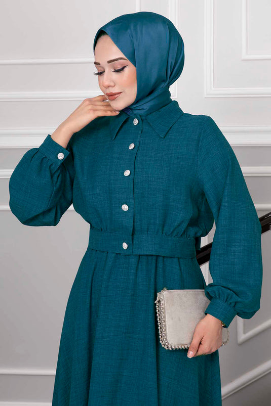 Stone-Button Detailed Skirt Modest Fashion Set in Petrol