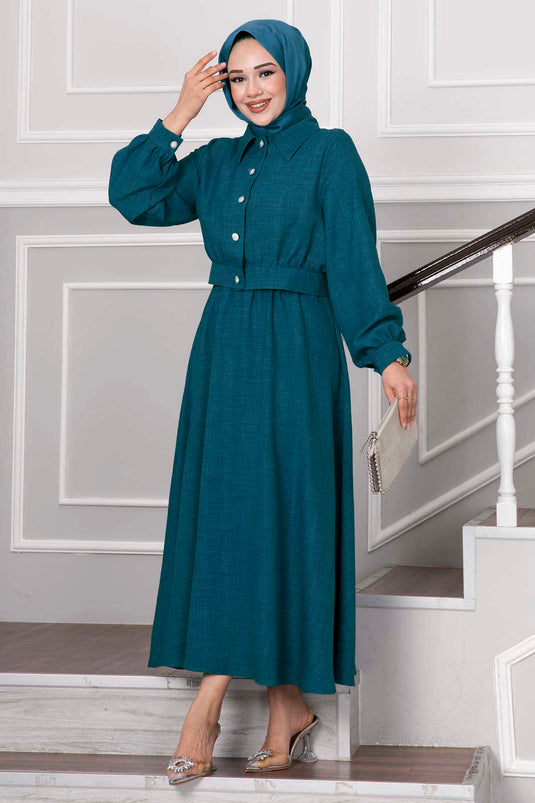Stone-Button Detailed Skirt Modest Fashion Set in Petrol