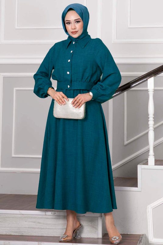 Stone-Button Detailed Skirt Modest Fashion Set in Petrol