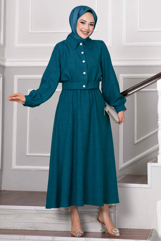 Stone-Button Detailed Skirt Modest Fashion Set in Petrol