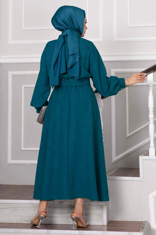 Stone-Button Detailed Skirt Modest Fashion Set in Petrol