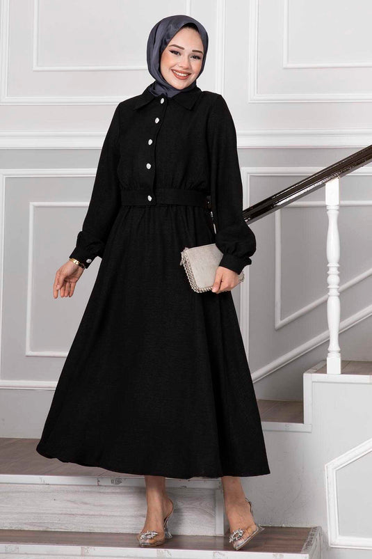 Black Modest Fashion Set with Skirt Featuring Stone Button Details