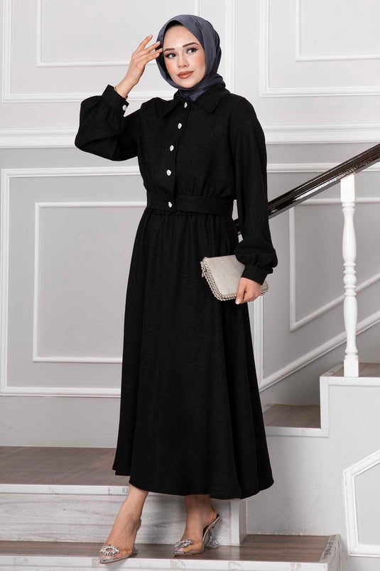 Black Modest Fashion Set with Skirt Featuring Stone Button Details