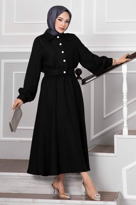 Black Modest Fashion Set with Skirt Featuring Stone Button Details