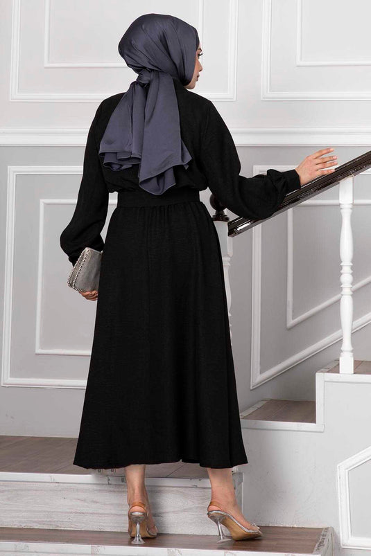 Black Modest Fashion Set with Skirt Featuring Stone Button Details
