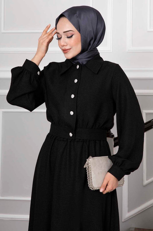 Black Modest Fashion Set with Skirt Featuring Stone Button Details