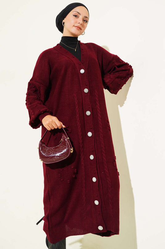 كارديجان محبوك بأزرار حجرية باللون العنابي