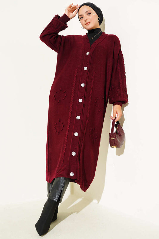 كارديجان محبوك بأزرار حجرية باللون العنابي