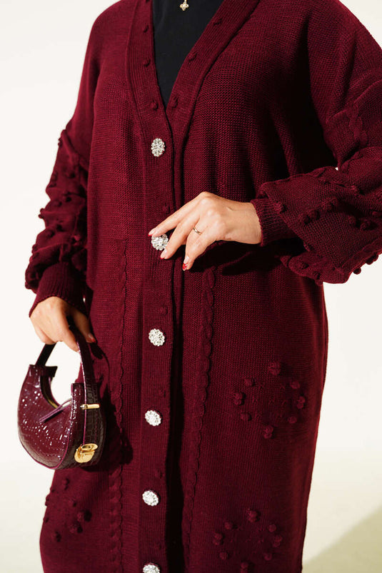 كارديجان محبوك بأزرار حجرية باللون العنابي