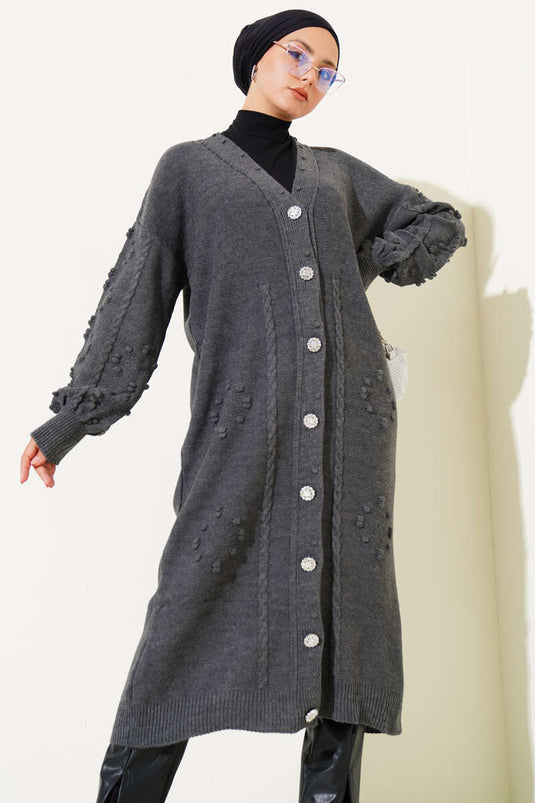 كارديجان محبوك بأزرار منقوش باللون الدخاني