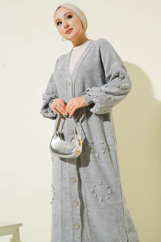 Stoned Buttoned Knitted Cardigan Gray