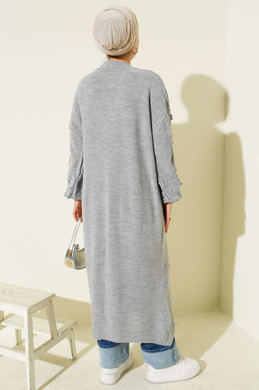 Stoned Buttoned Knitted Cardigan Gray