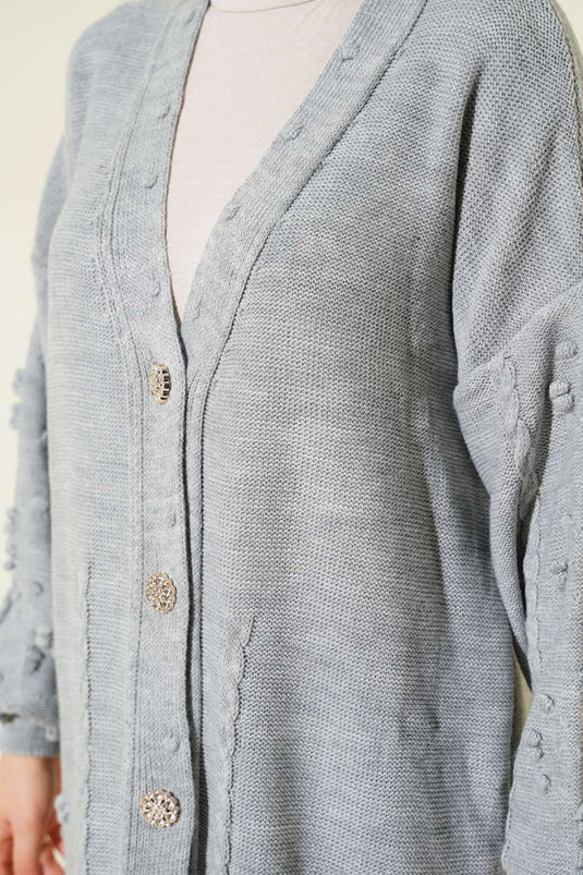 Taşlı Düğmeli Triko Hırka Gri