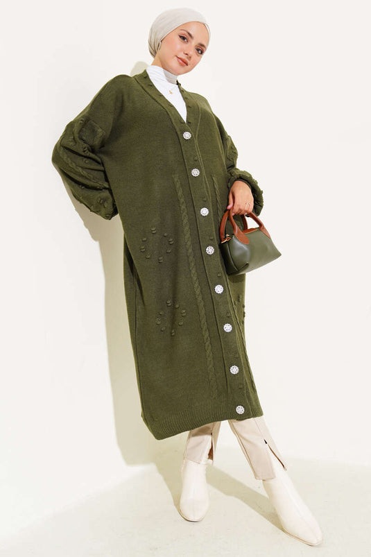 Stoned Buttoned Knitted Cardigan Khaki