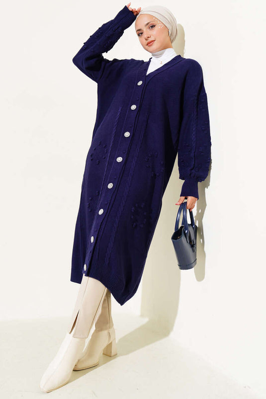كارديجان محبوك بأزرار حجرية أزرق داكن
