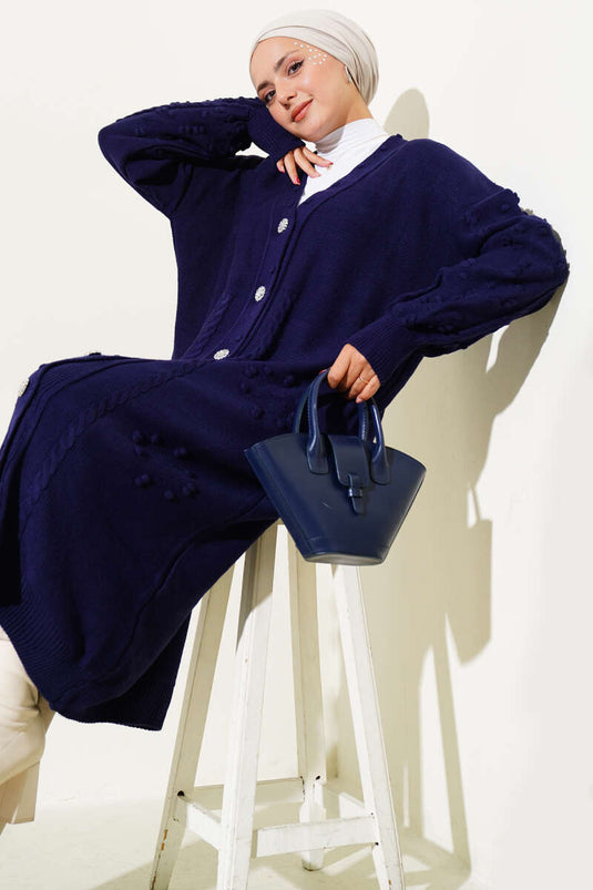 كارديجان محبوك بأزرار حجرية أزرق داكن