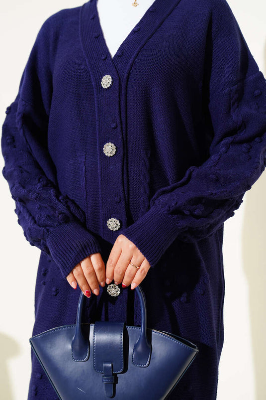 كارديجان محبوك بأزرار حجرية أزرق داكن