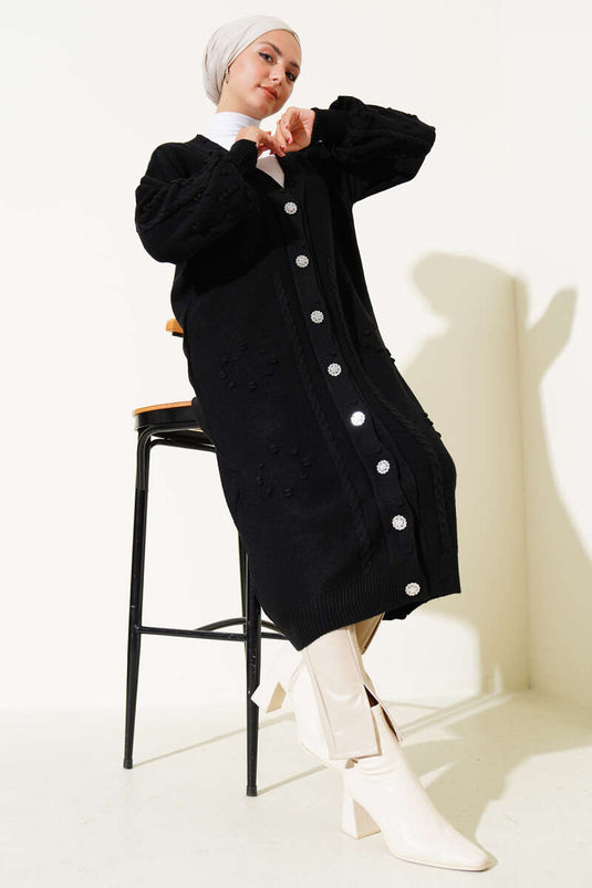 كارديجان محبوك بأزرار منقوش باللون الأسود