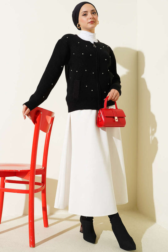 Stoned Zippered Short Knit Cardigan Black