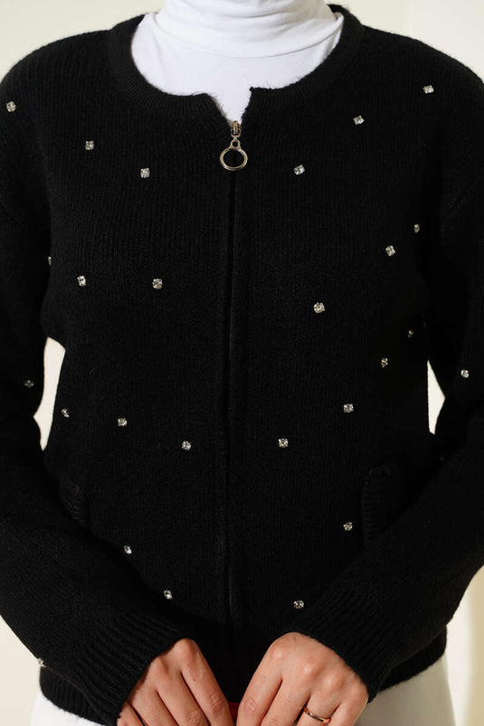Stoned Zippered Short Knit Cardigan Black