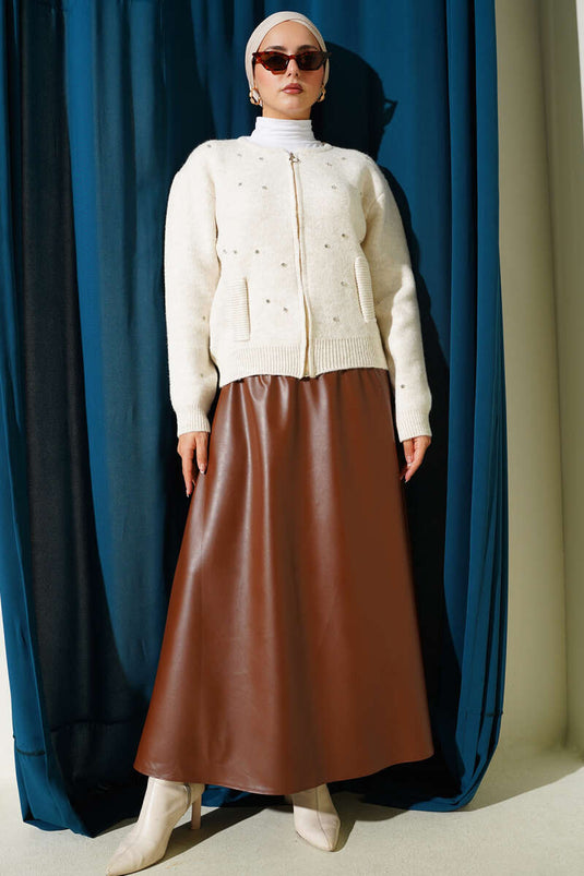 Stoned Zippered Short Knit Cardigan Stone