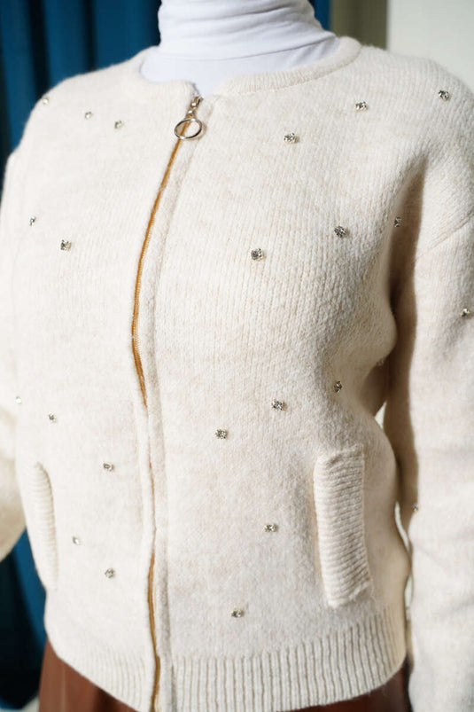 Stoned Zippered Short Knit Cardigan Stone