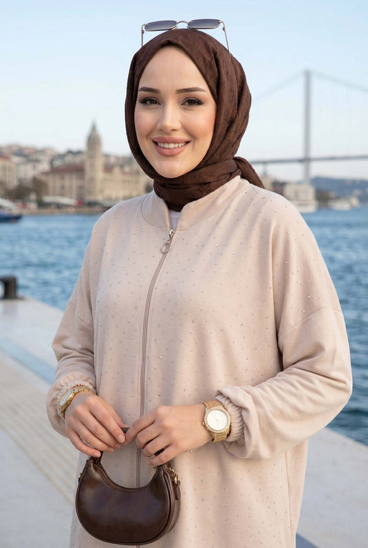 Taşlı Fermuarlı Tunik Pantolon İkili Takım Bej