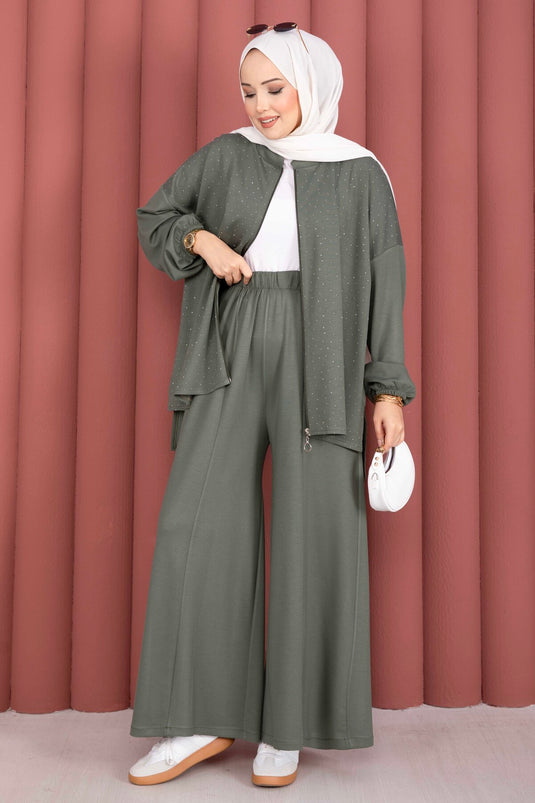 Tweedelige Set Met Tuniek En Broek Met Rits En Steentjes, Kaki, Modest Fashion