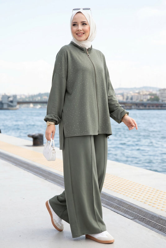 Taşlı Fermuarlı Tunik Pantolon İkili Takım Haki