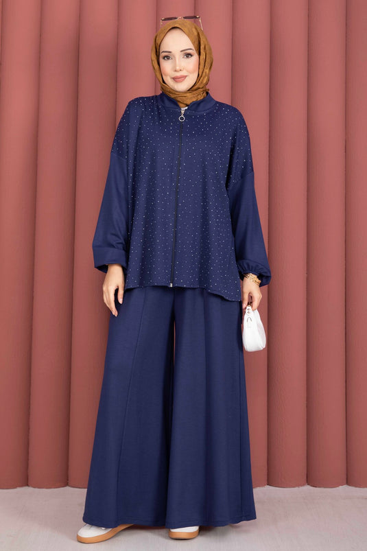 Taşlı Fermuarlı Tunik Pantolon İkili Takım Lacivert