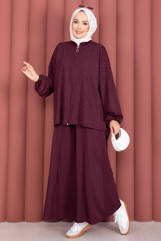 Taşlı Fermuarlı Tunik Pantolon İkili Takım Mürdüm