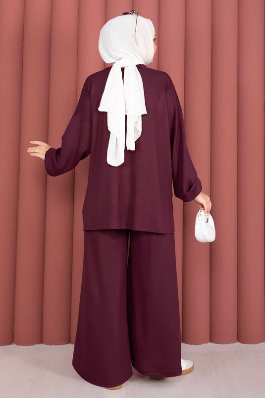 Taşlı Fermuarlı Tunik Pantolon İkili Takım Mürdüm