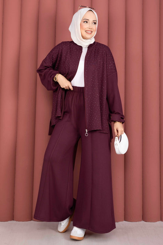 Taşlı Fermuarlı Tunik Pantolon İkili Takım Mürdüm
