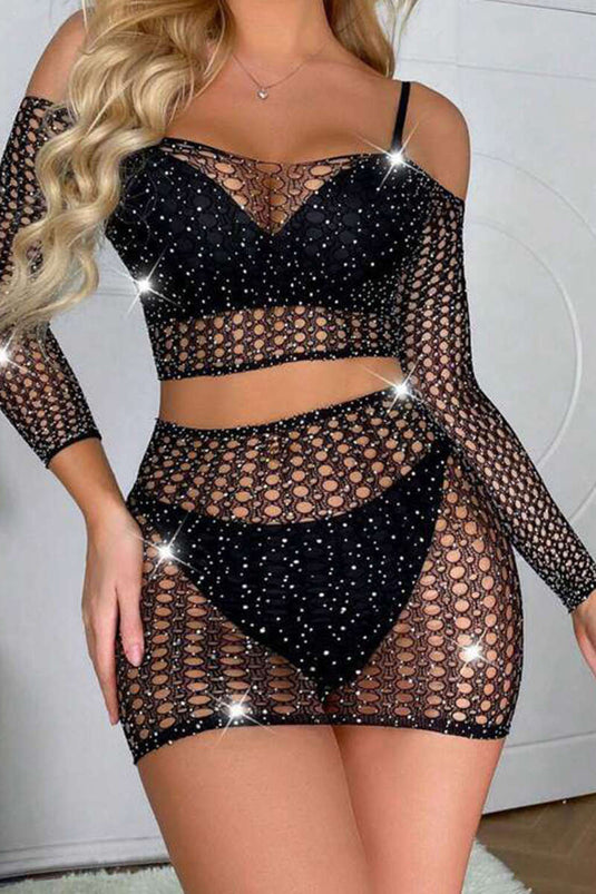 Taşlı Fileli İkili Vücut Çorabı Siyah