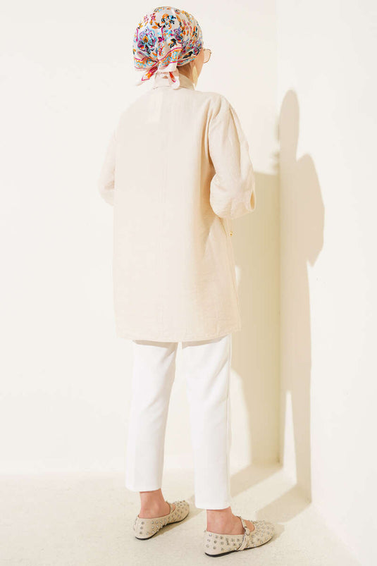 Taşlı Fırfırlı Gömlek Bej