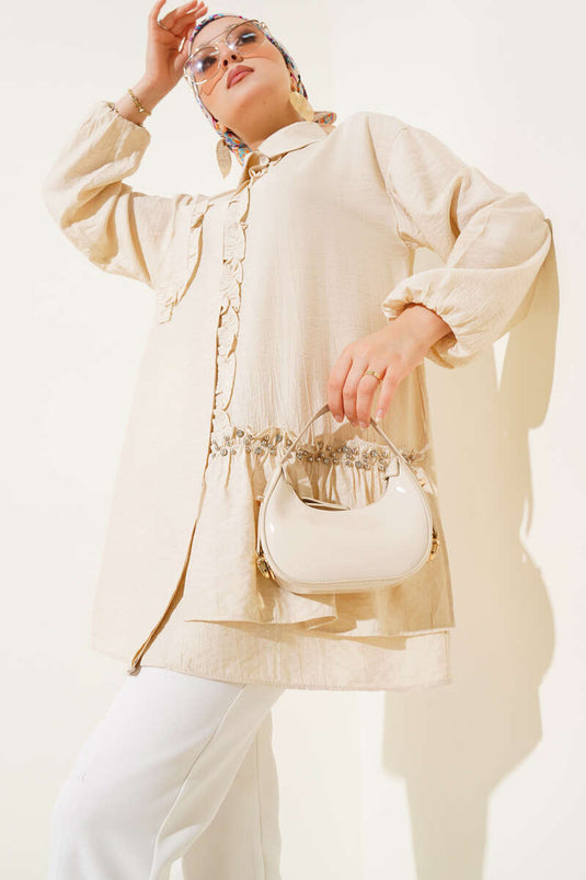 Taşlı Fırfırlı Gömlek Bej