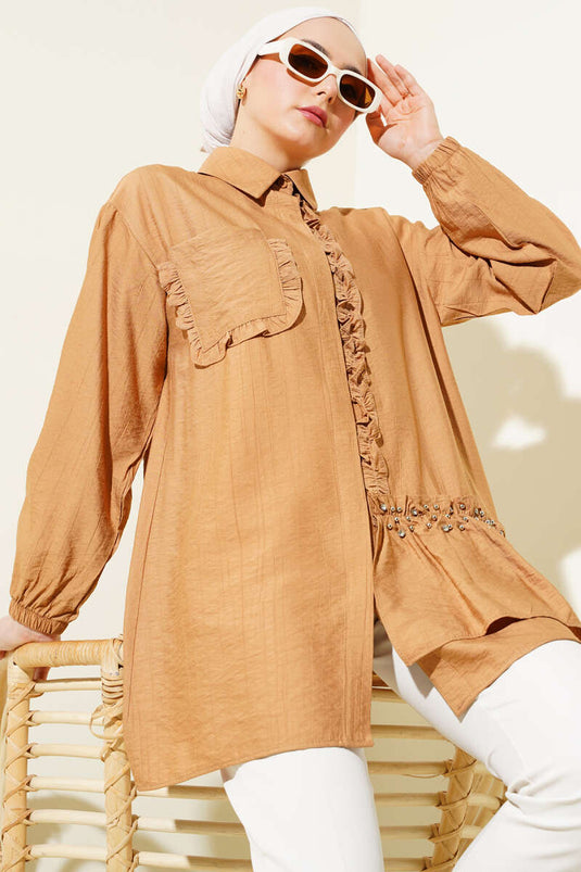 Taşlı Fırfırlı Gömlek Camel