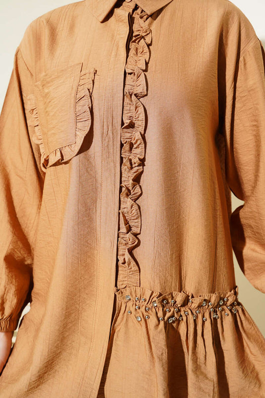 Taşlı Fırfırlı Gömlek Camel