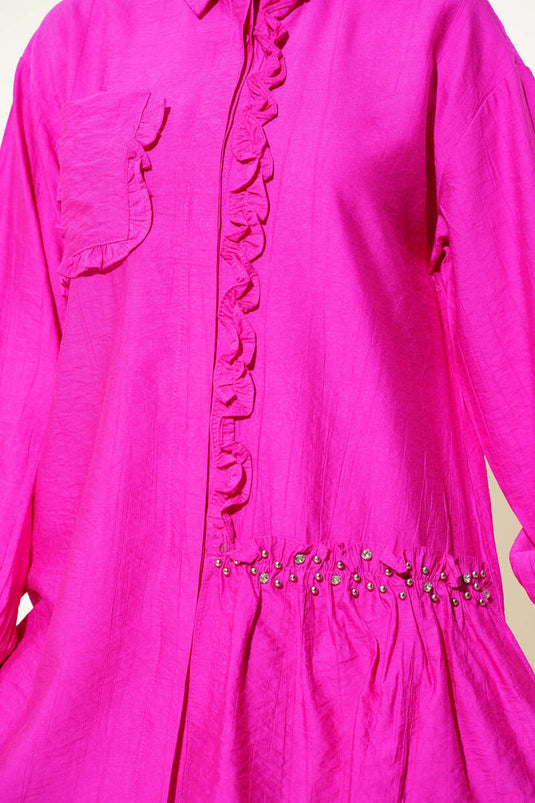 Taşlı Fırfırlı Gömlek Fuşya