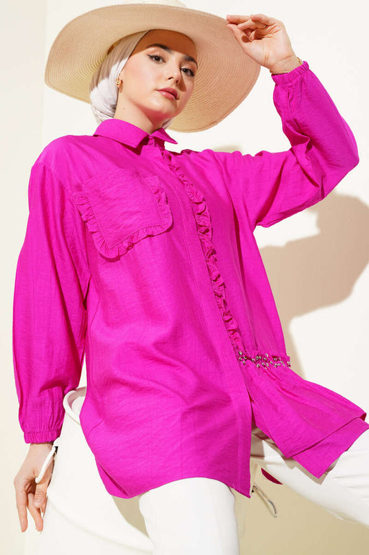 Taşlı Fırfırlı Gömlek Fuşya