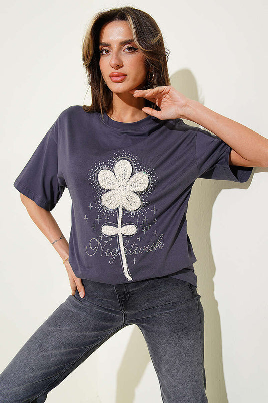 T-shirt fumé à fleurs en guipure avec strass
