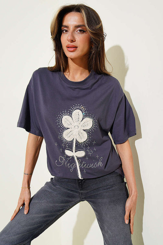 T-shirt fumé à fleurs en guipure avec strass