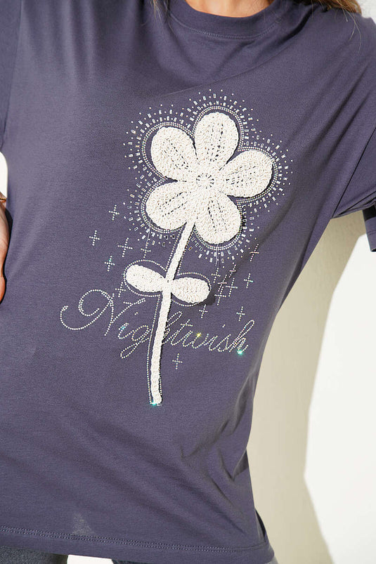 T-shirt fumé à fleurs en guipure avec strass