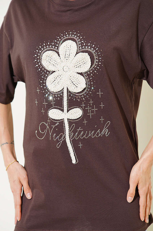 T-shirt en dentelle à fleurs avec strass, couleur café