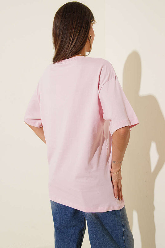 Taşlı Güpür Çiçekli T-shirt Pembe